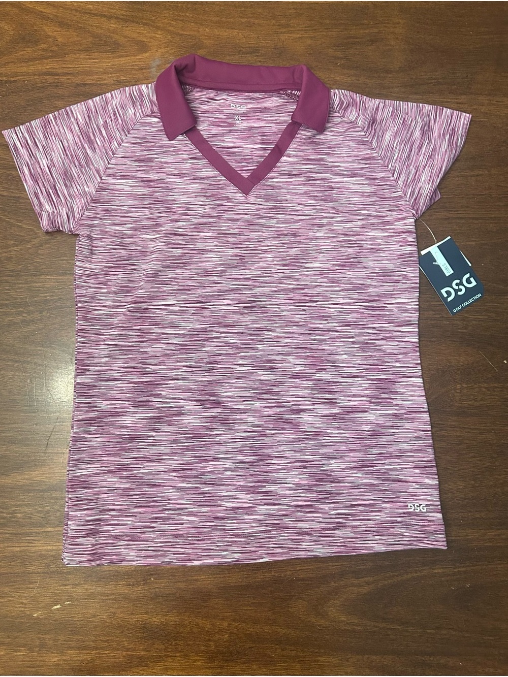 DSG Heathered Magenta V-Neck Polo with Solid Collar